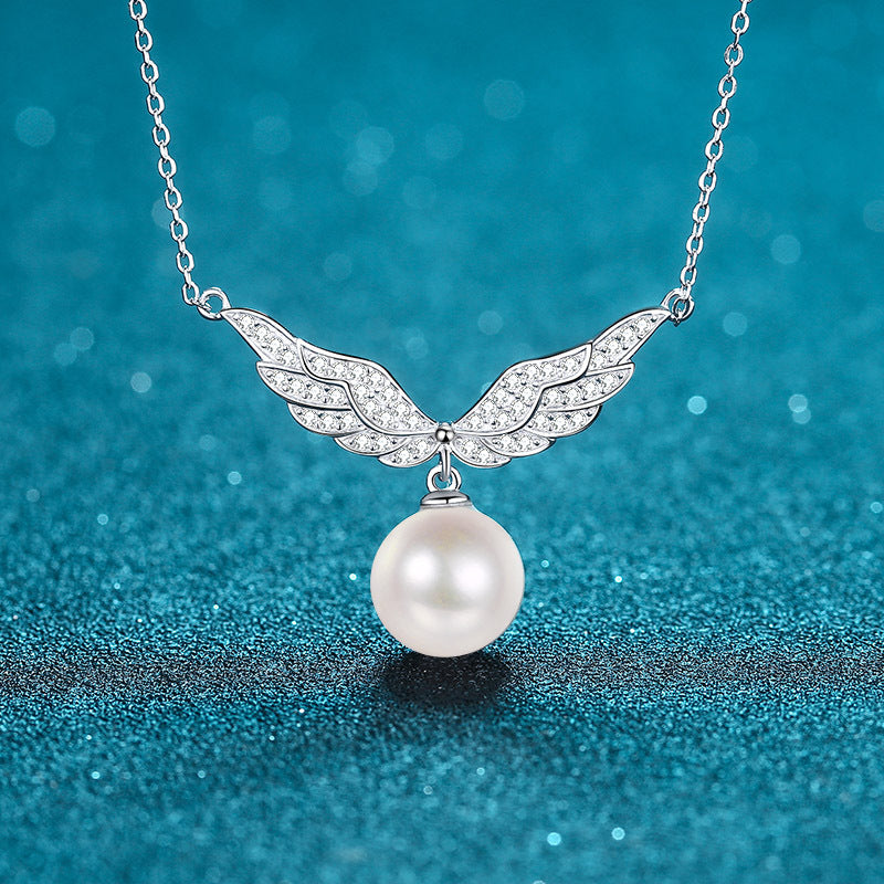 Blingrunway S925 sterling silver clavicle pearl angel wings moissanite necklace