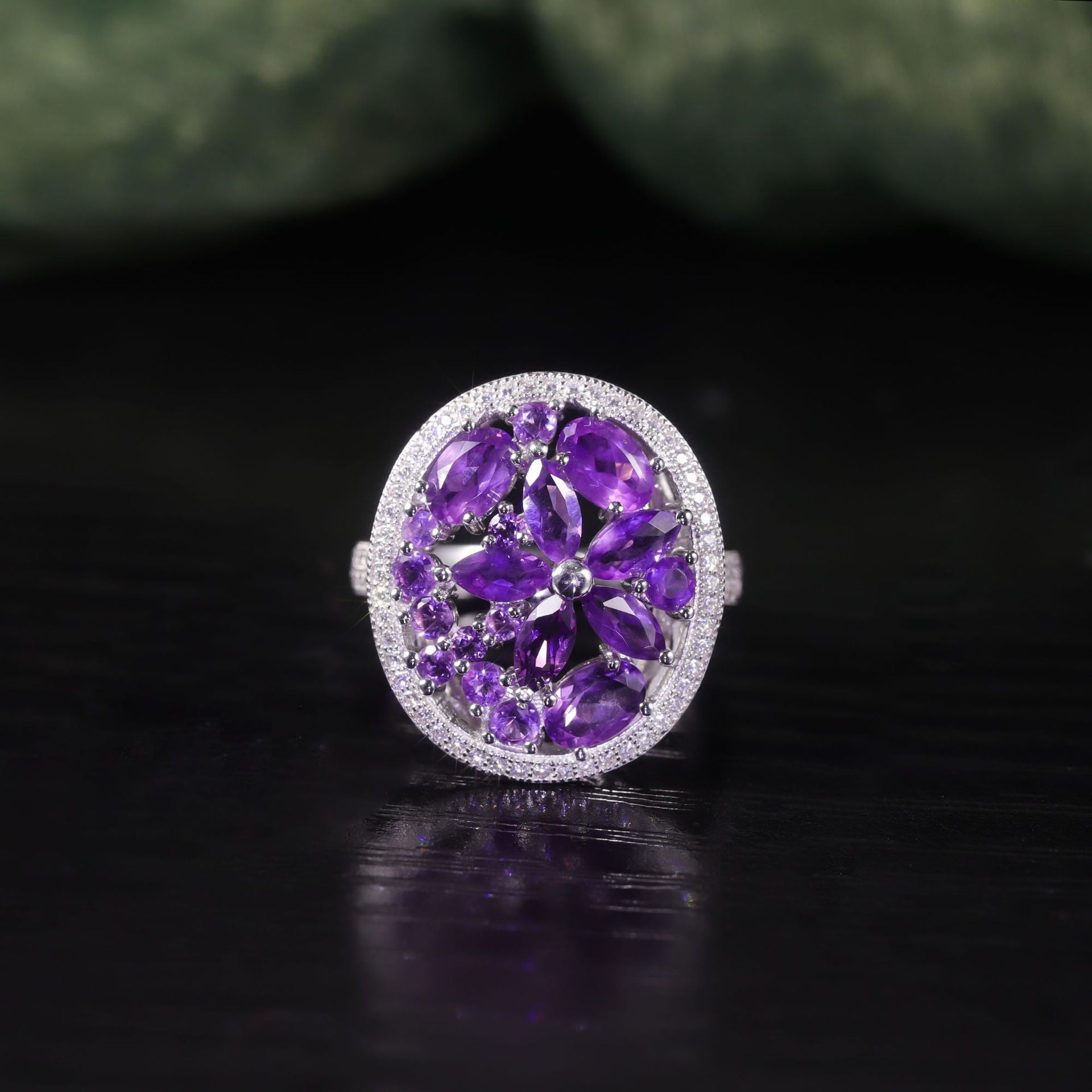 Blingrunway s925 flower design amethyst gemstone ring beads