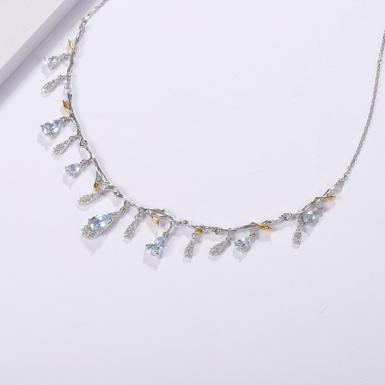 Blingrunway Gemstone Necklace Flower Branches Design S925 Silver Natural Topaz Necklace