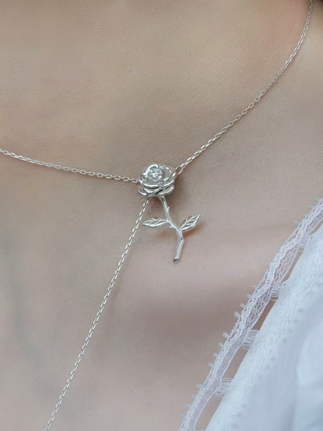 Blingrunway Rose flower handmade s925 sterling silver necklace