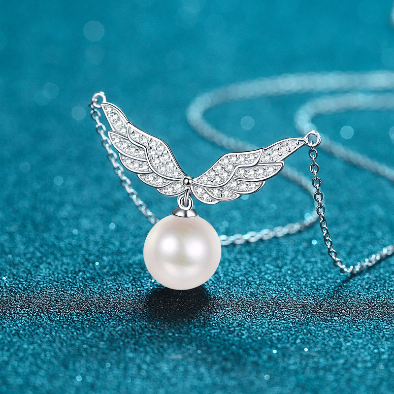 Blingrunway S925 sterling silver clavicle pearl angel wings moissanite necklace