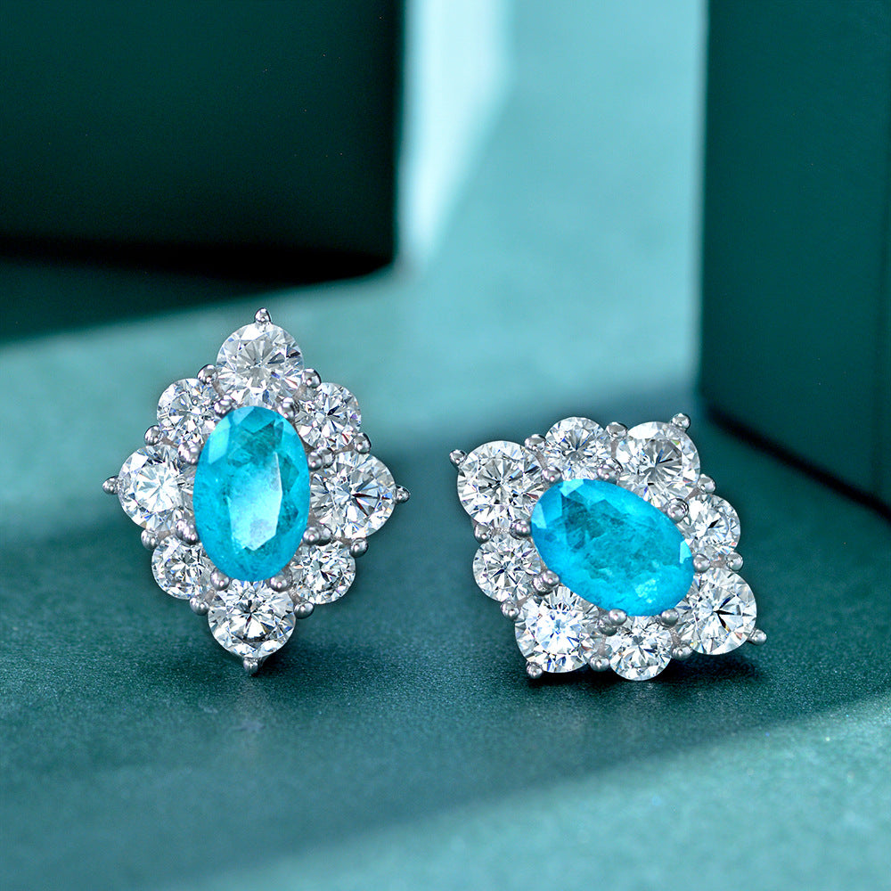 Blingrunway Synthetic Paraiba Egg-Shaped Sapphire Stud Earrings