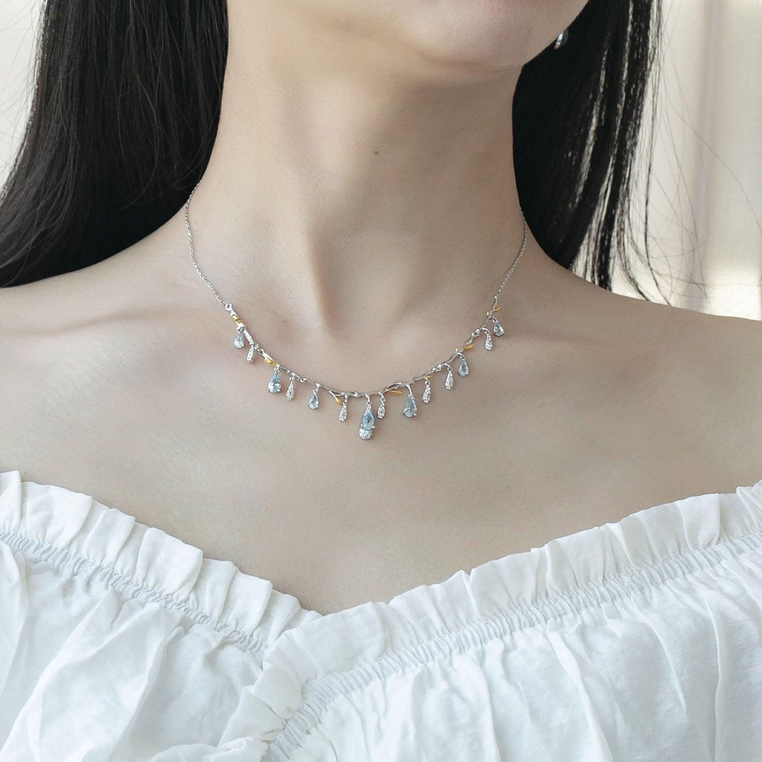 Blingrunway Gemstone Necklace Flower Branches Design S925 Silver Natural Topaz Necklace