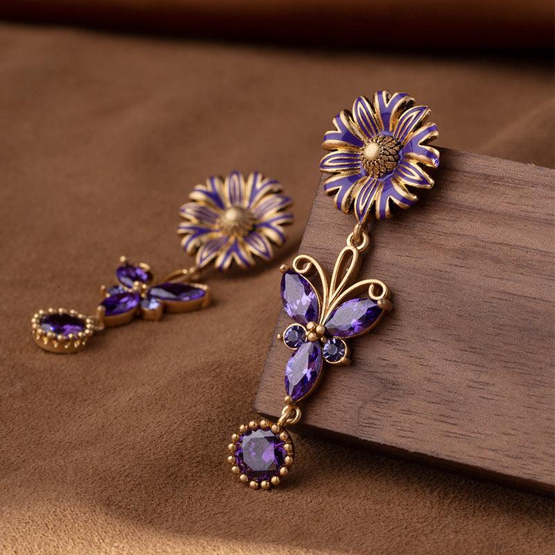 Blingrunway S925 purple French zircon butterfly flower enamel earrings