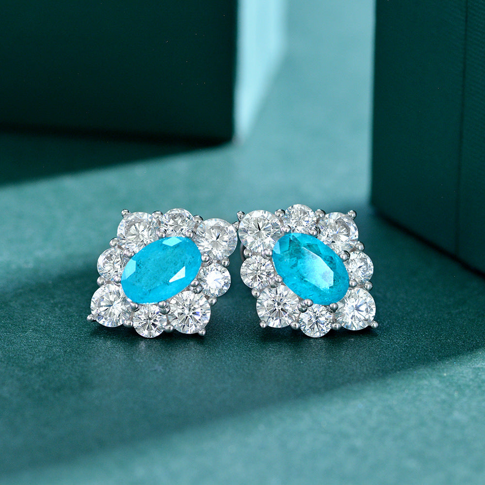 Blingrunway Synthetic Paraiba Egg-Shaped Sapphire Stud Earrings