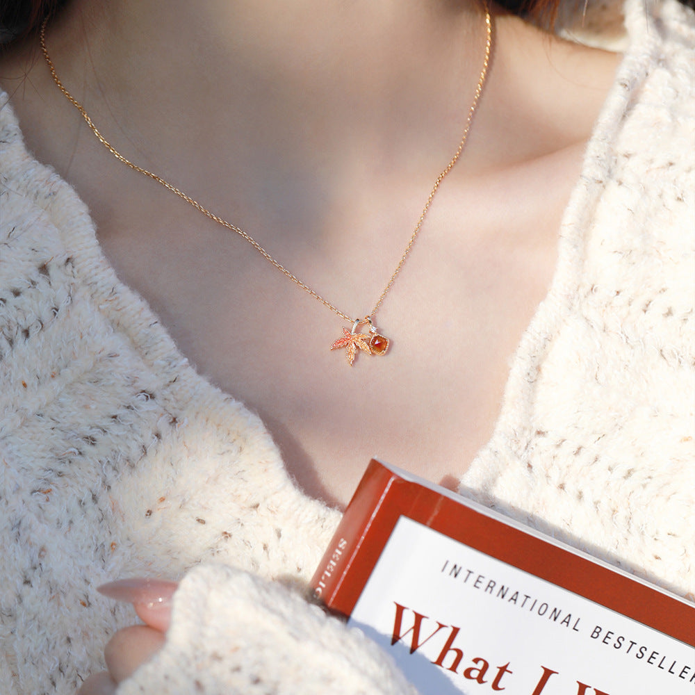 Blingrunway Vintage Garnet Maple Leaf Necklace