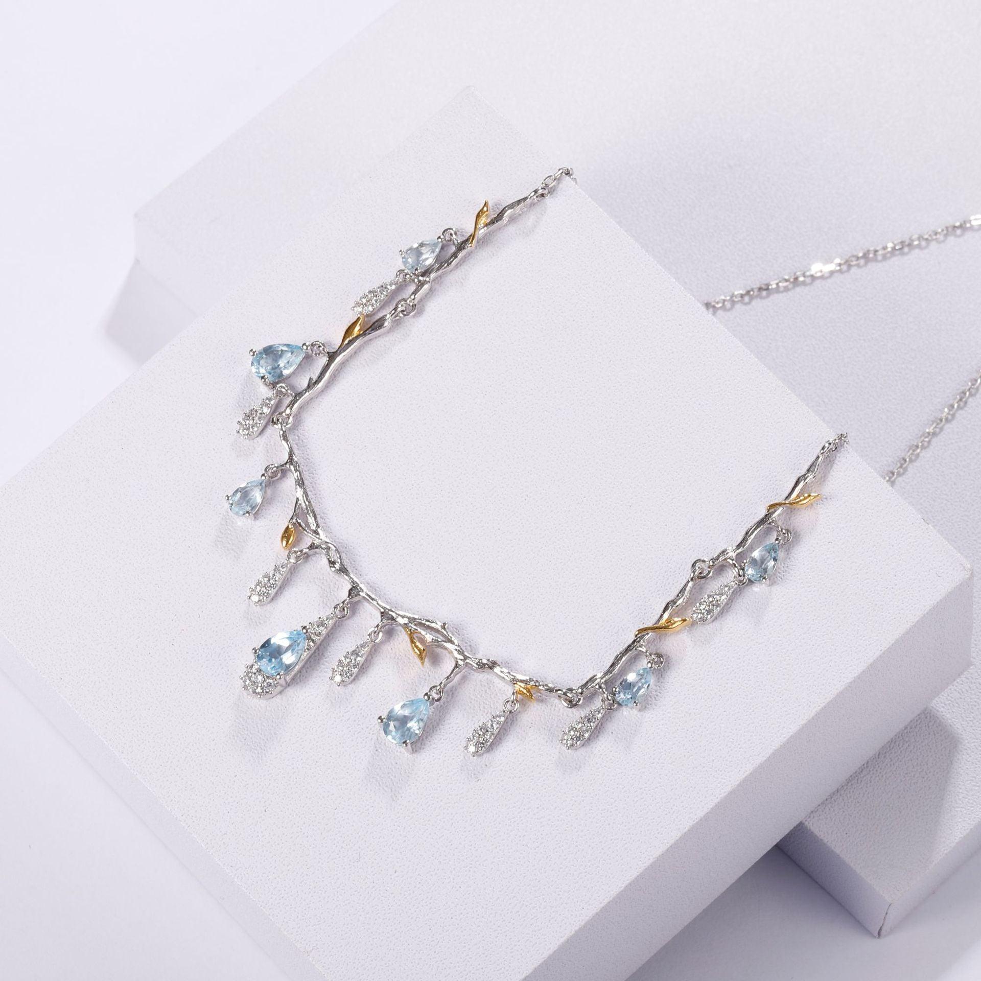 Blingrunway Gemstone Necklace Flower Branches Design S925 Silver Natural Topaz Necklace