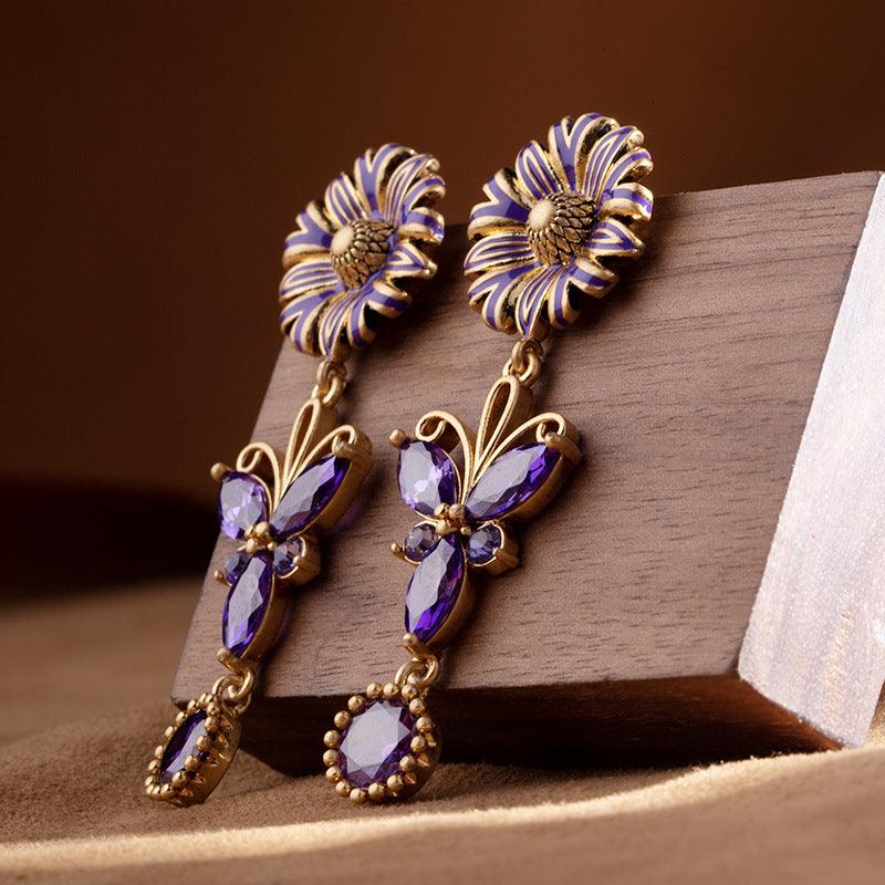 Blingrunway S925 purple French zircon butterfly flower enamel earrings