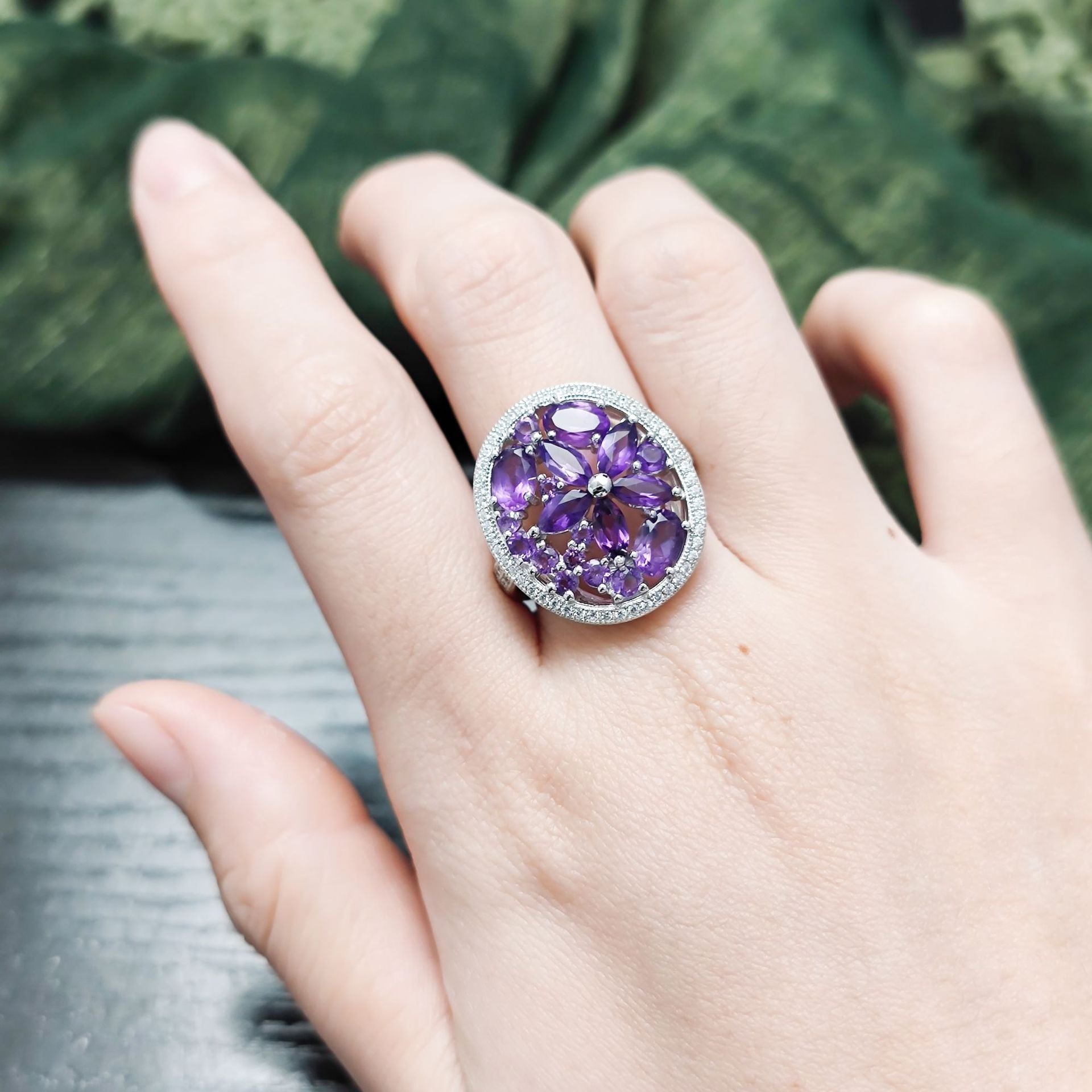 Blingrunway s925 flower design amethyst gemstone ring beads