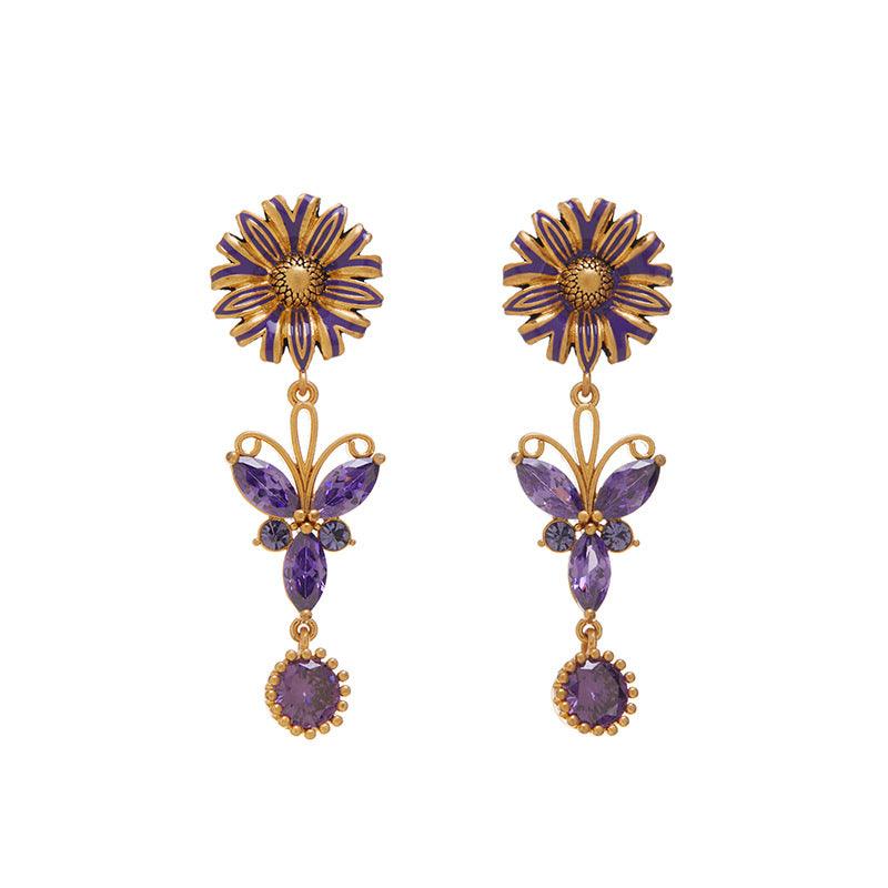 Blingrunway S925 purple French zircon butterfly flower enamel earrings