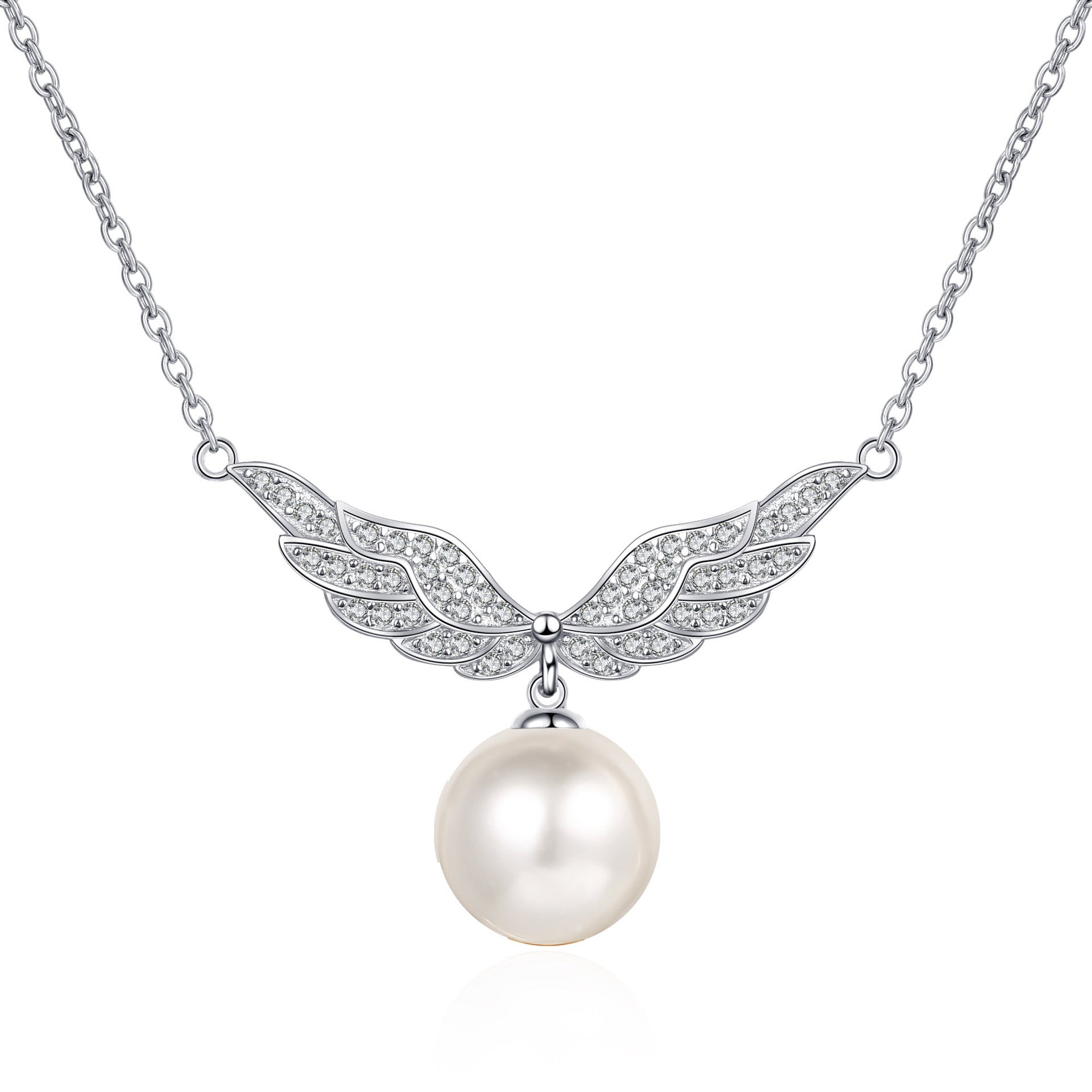 Blingrunway S925 sterling silver clavicle pearl angel wings moissanite necklace