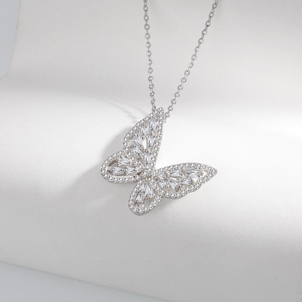 Classic S925 Sterling Silver Butterfly Necklace with Diamonds