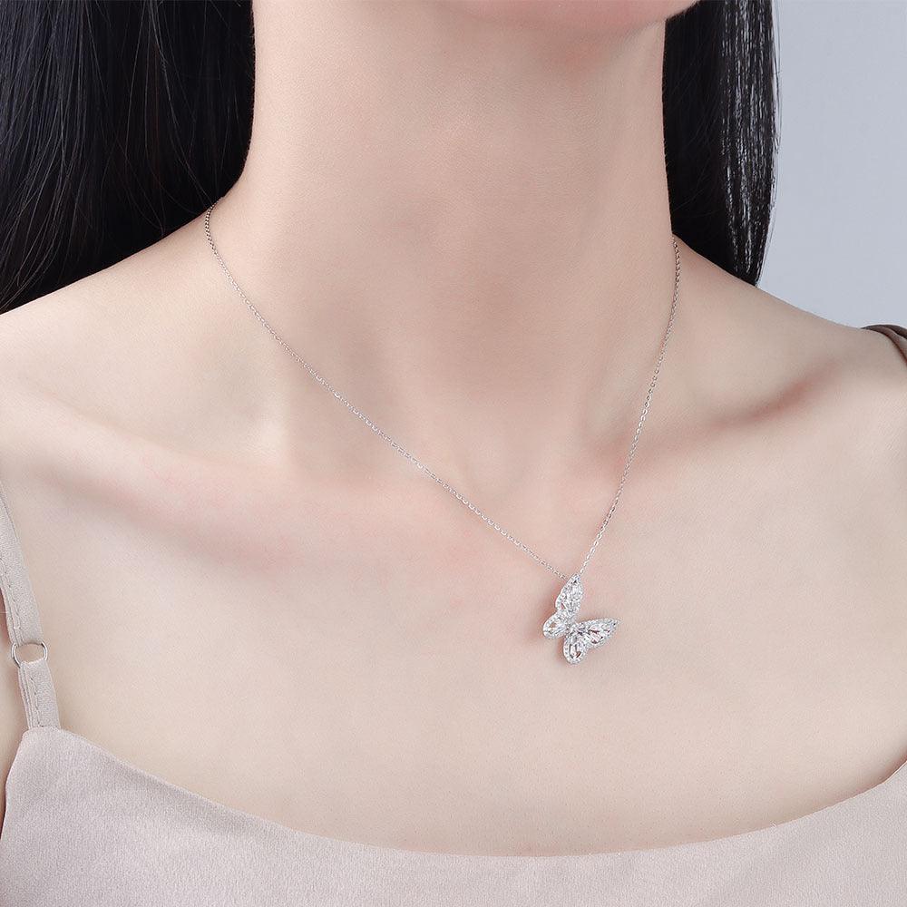 Classic S925 Sterling Silver Butterfly Necklace with Diamonds