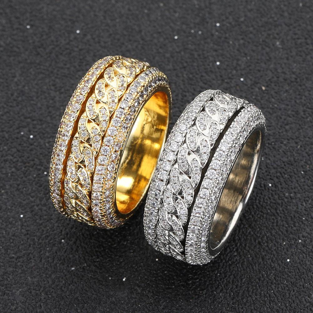 Hip Hop Style Copper Set Zircon Rotatable Cuban Ring-BlingRunway