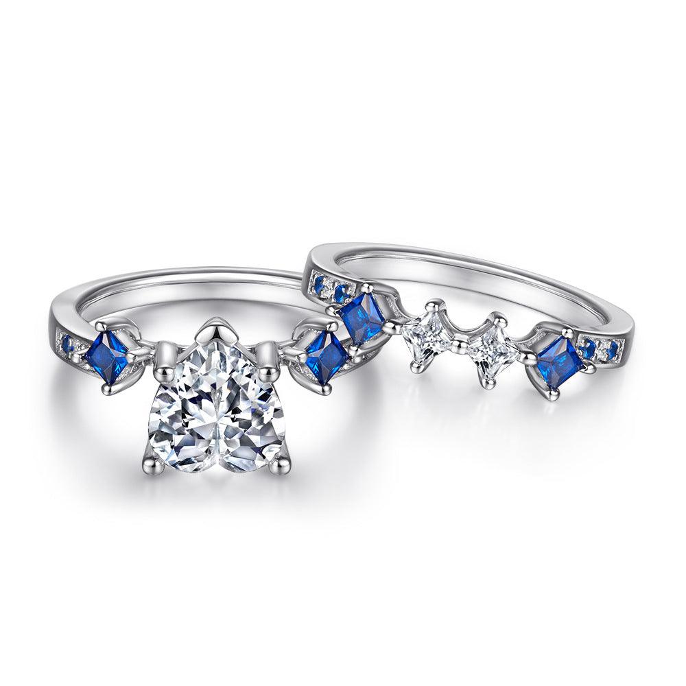 Bling Runway Trendy heart zircon with sapphire handmade silver combination ring-BlingRunway