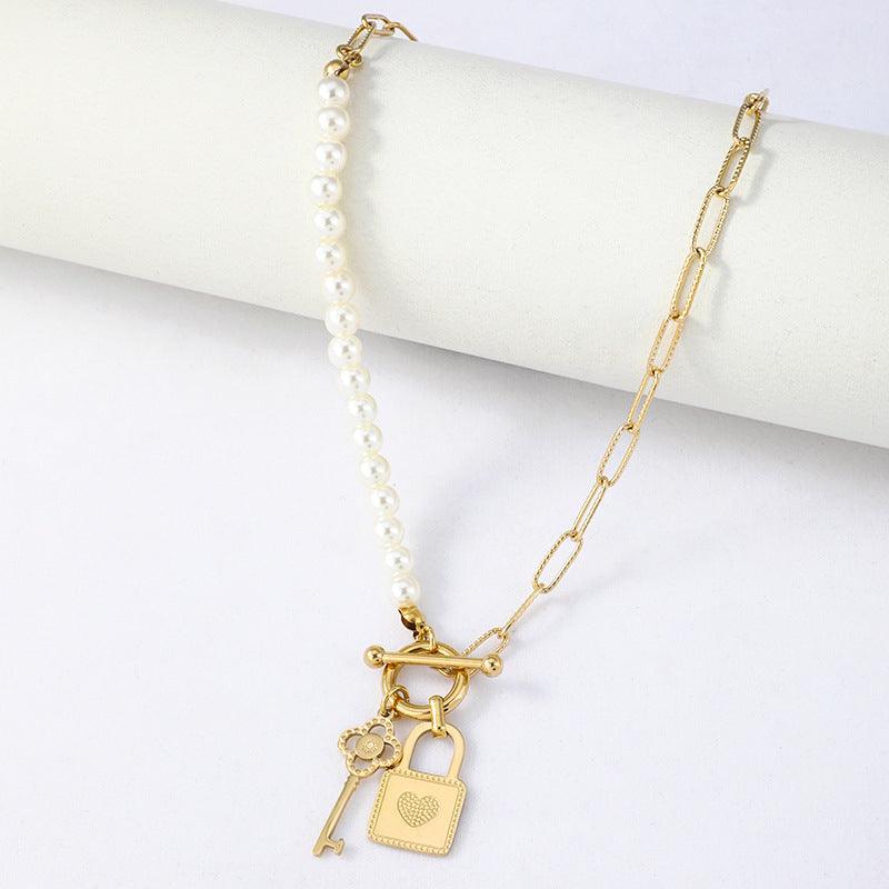 Classic Love Lock Half Pearl Half Chain Necklace