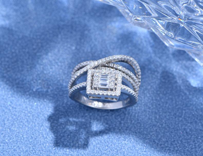 Square line handmade series micro-set zircon S925 sterling silver ring