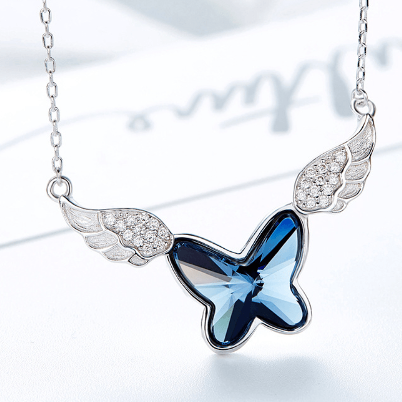 Angel Wings Sterling Silver Blue Crystal Butterfly Necklace