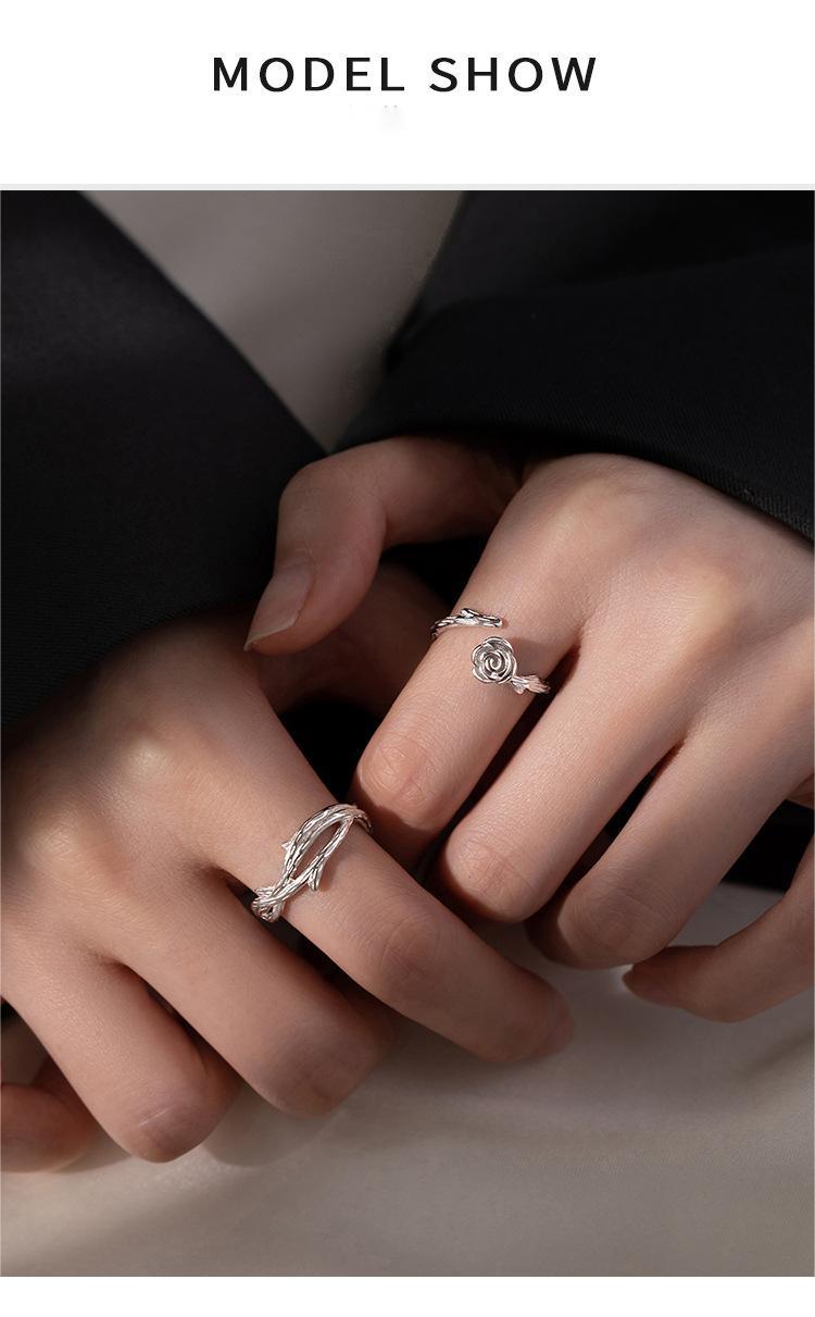 Blingrunway S925 sterling silver rose and thorns couple ringS