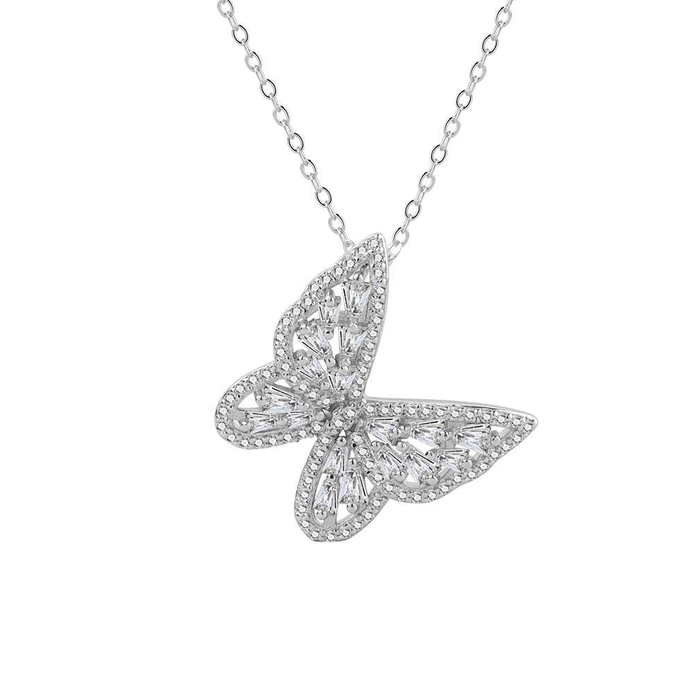 Classic S925 Sterling Silver Butterfly Necklace with Diamonds-BlingRunway