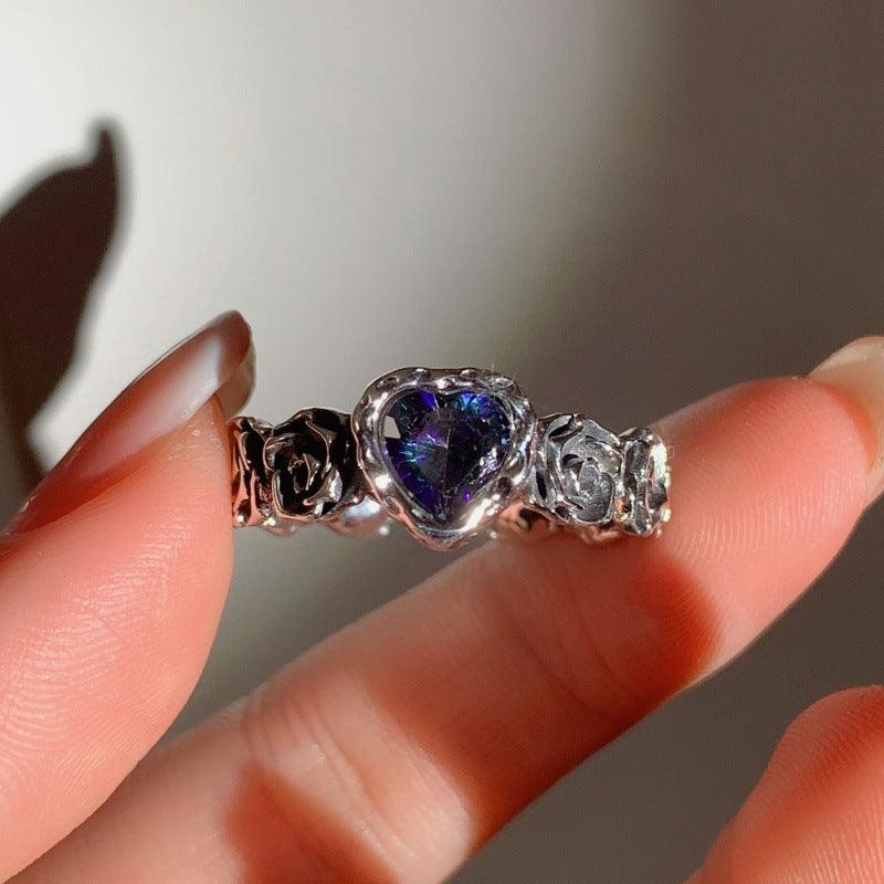 Blue colorful heart rose S925 silver ring-BlingRunway