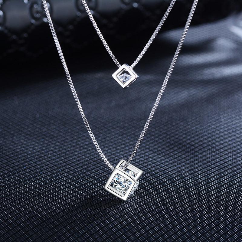 Bling Runway Love Cube Zircon Pendant Necklace Double Necklace Trend Necklace