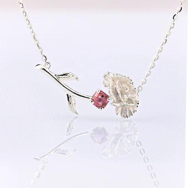 Flower language series natural tourmaline carnation design necklace-BlingRunway