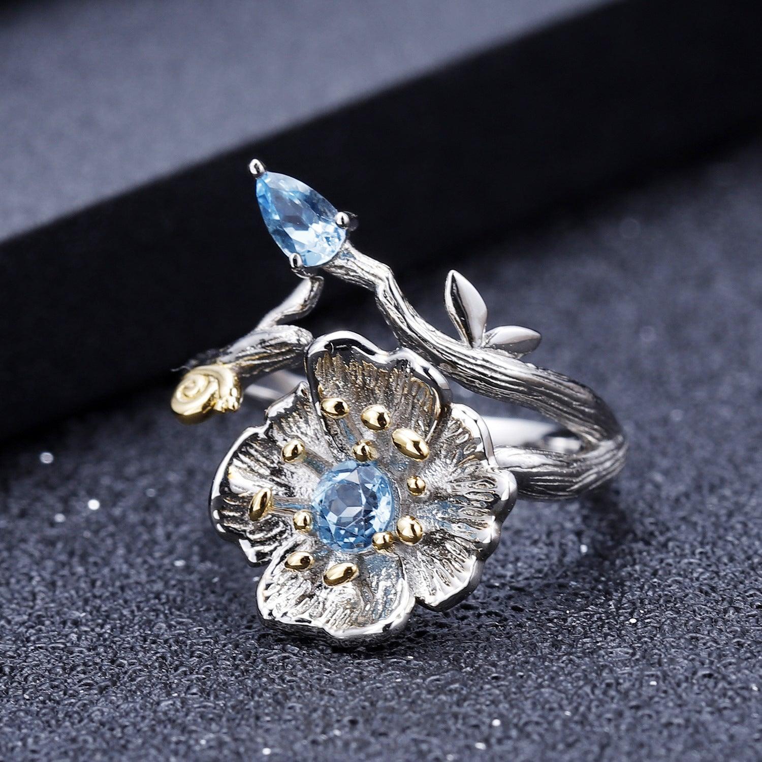 Natural wind floral design s925 silver natural topaz ring-BlingRunway