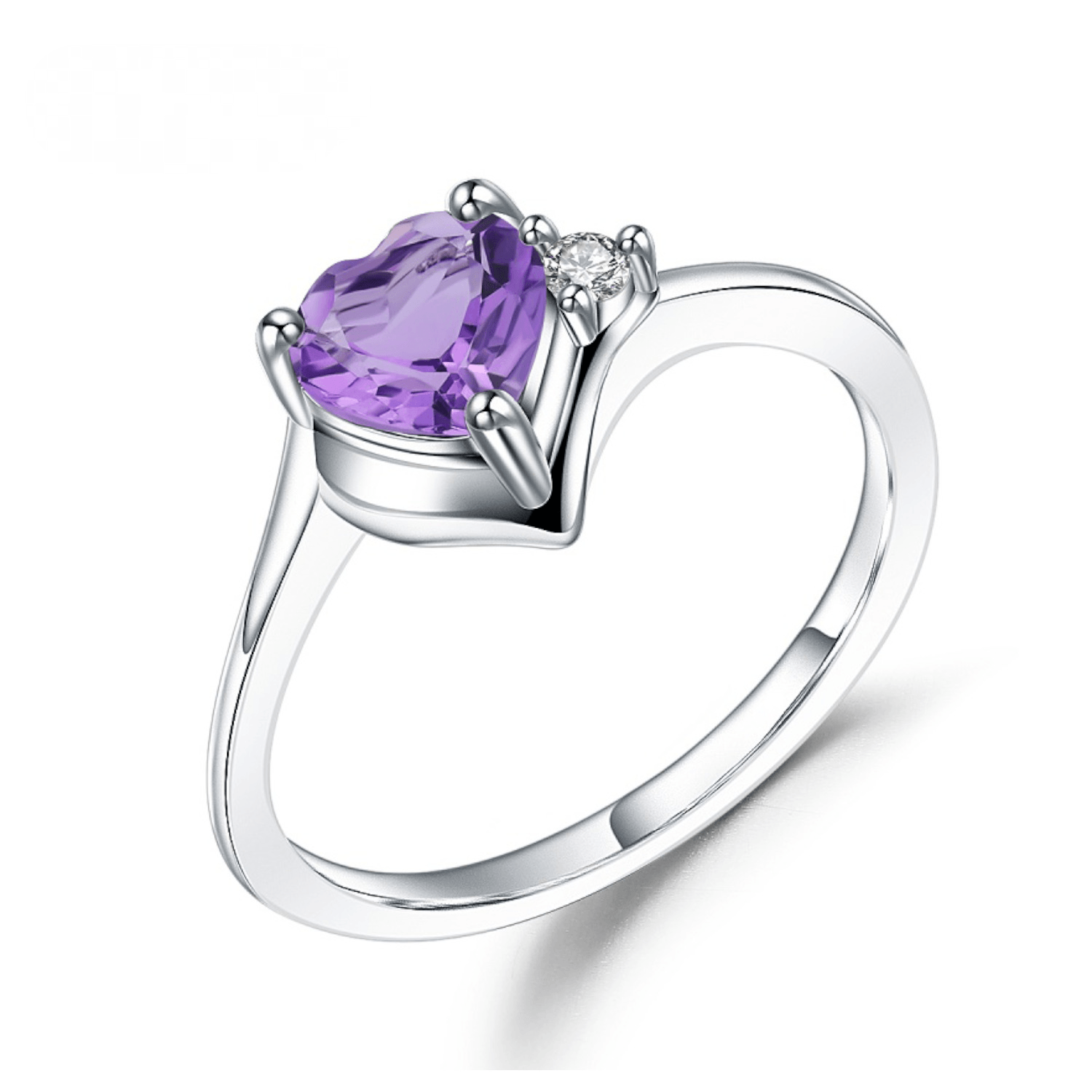 Triangle Inlaid Heart-shaped S925 Sterling Silver Natural Amethyst Ring-BlingRunway