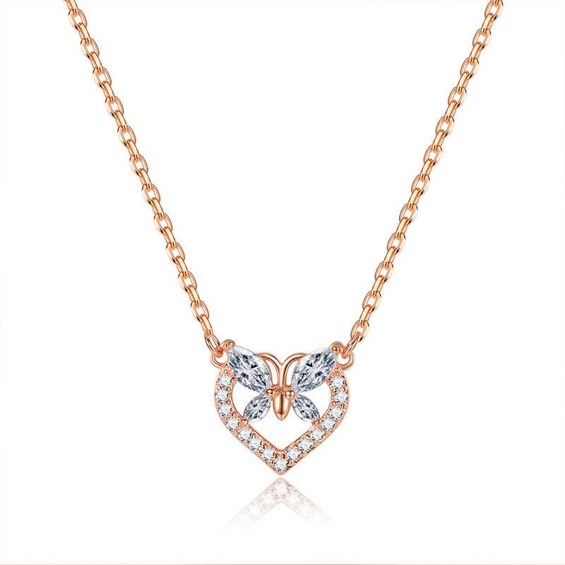 925 Sterling Silver Gold Heart Butterfly Necklace-BlingRunway