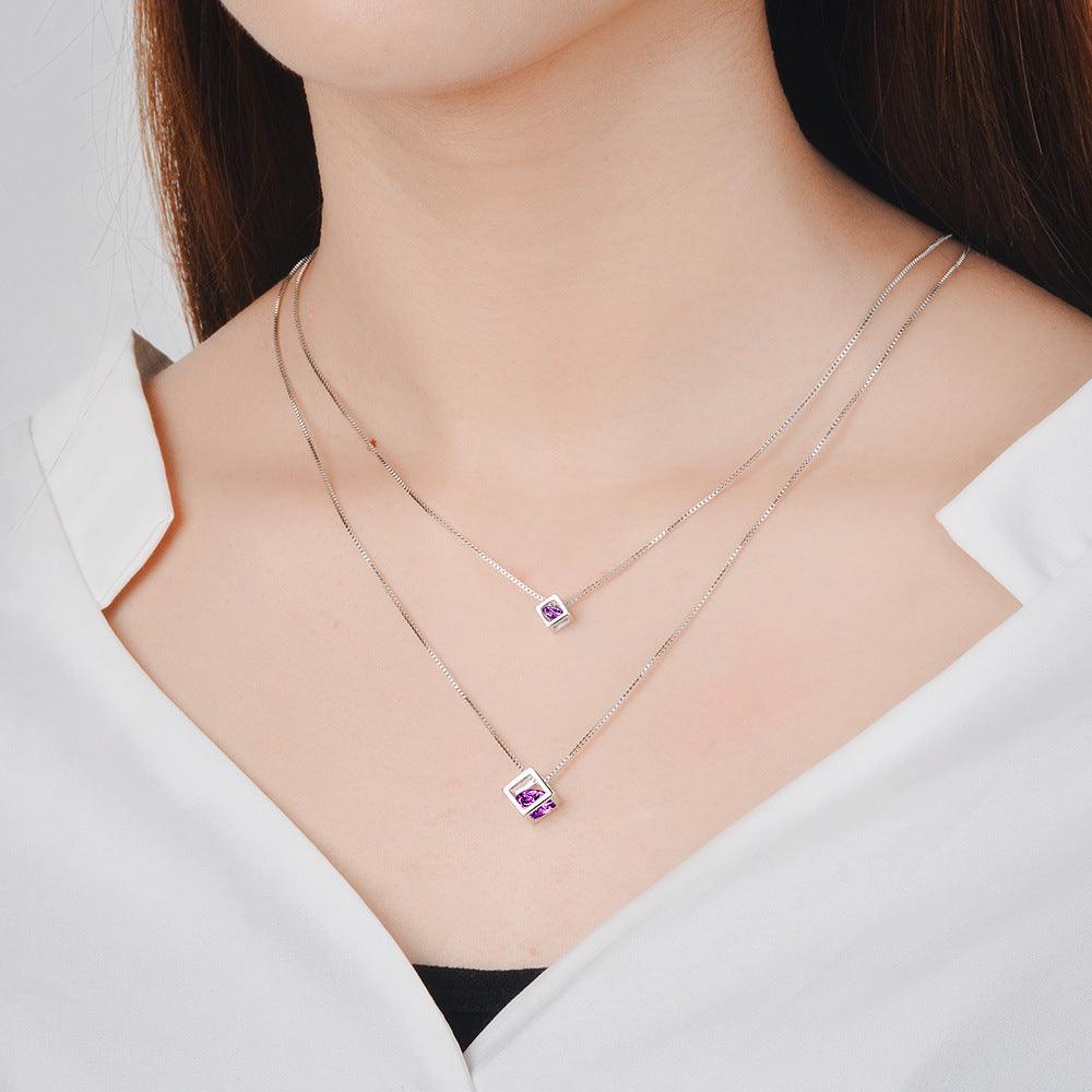 Bling Runway Love Cube Zircon Pendant Necklace Double Necklace Trend Necklace