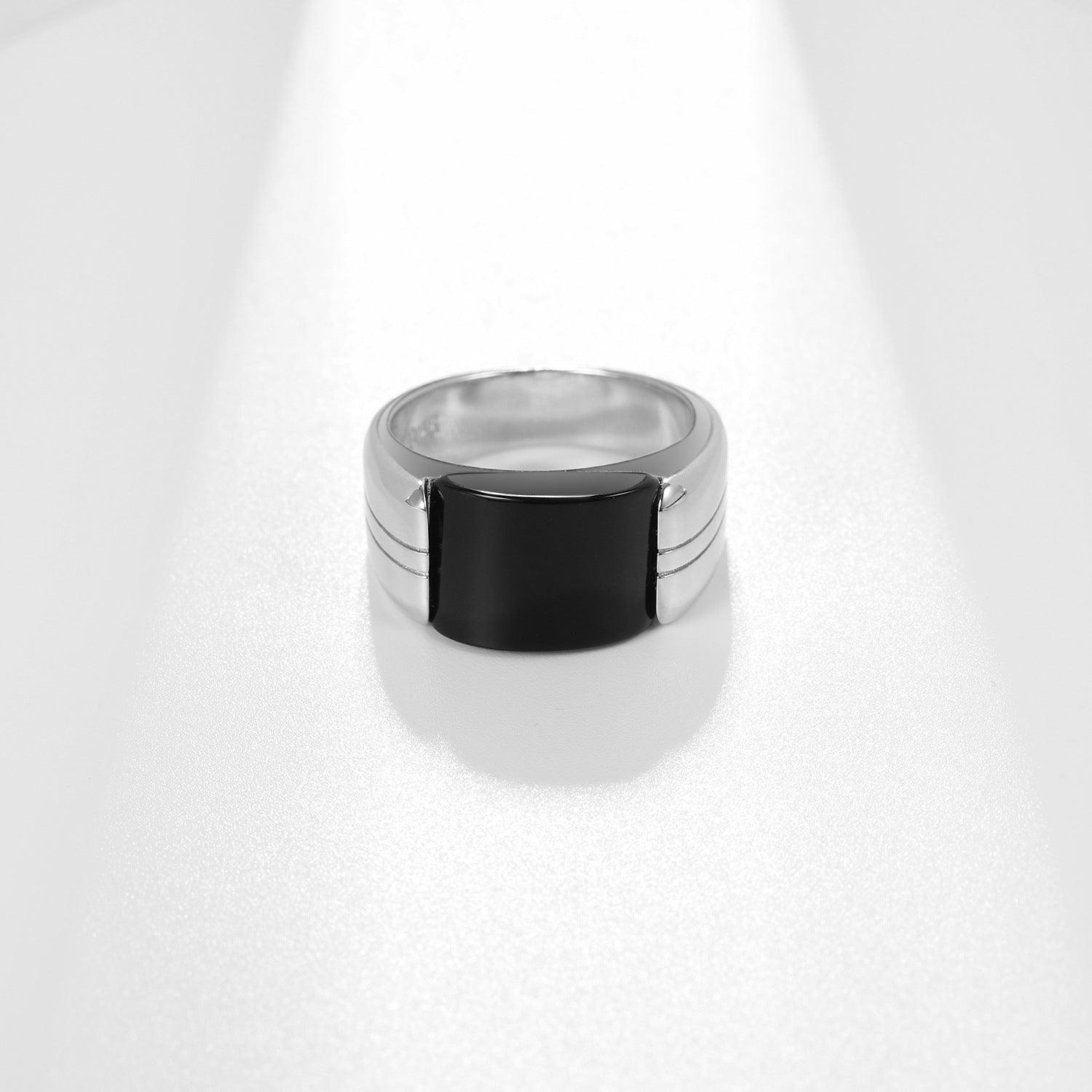 Designer Style Natural Black Onyx/Malachite Men's S925 Sterling Silver Ring-BlingRunway