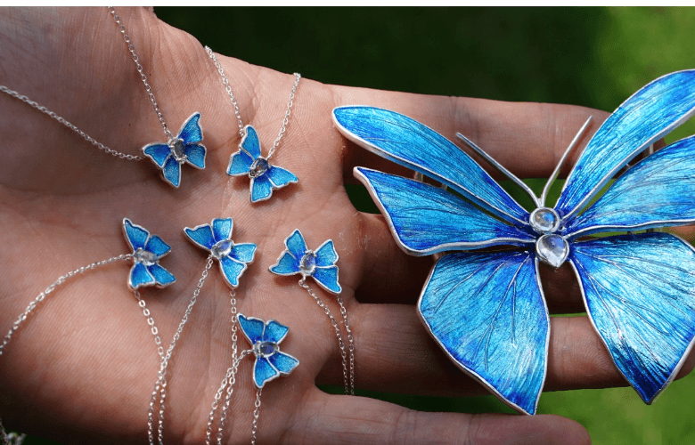 Fantasy Butterfly Moonstone Blue Enamel S999 Sterling Silver Necklace