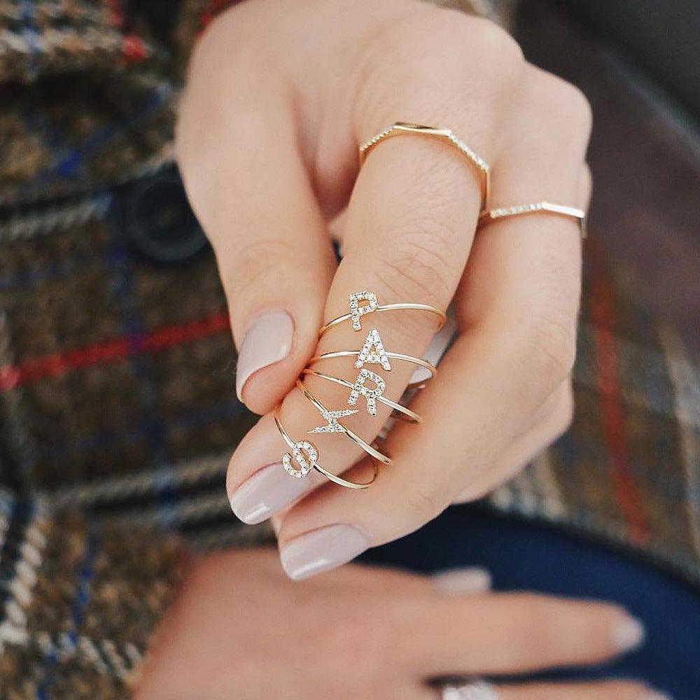 Simple 26 English Alphabet Zircon Sterling Silver Ring-BlingRunway