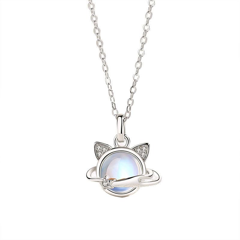 Cosmic Planet Cat Moonstone Sterling Silver Necklace-BlingRunway