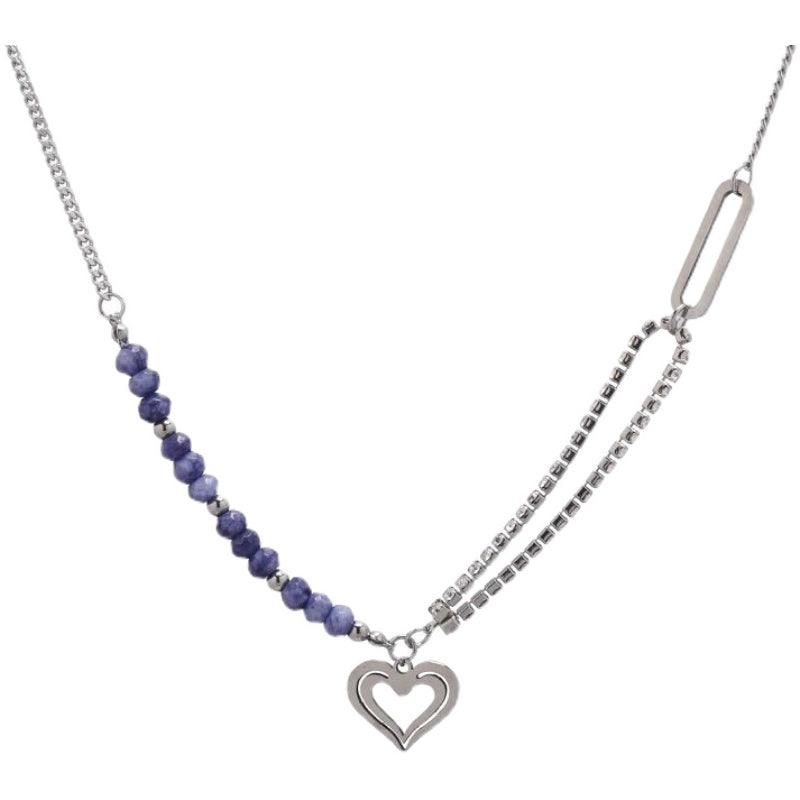 Light Luxury Blue Bead Heart Pendant Half Pearl Half Chain Necklace-BlingRunway