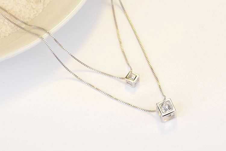 Bling Runway Love Cube Zircon Pendant Necklace Double Necklace Trend Necklace