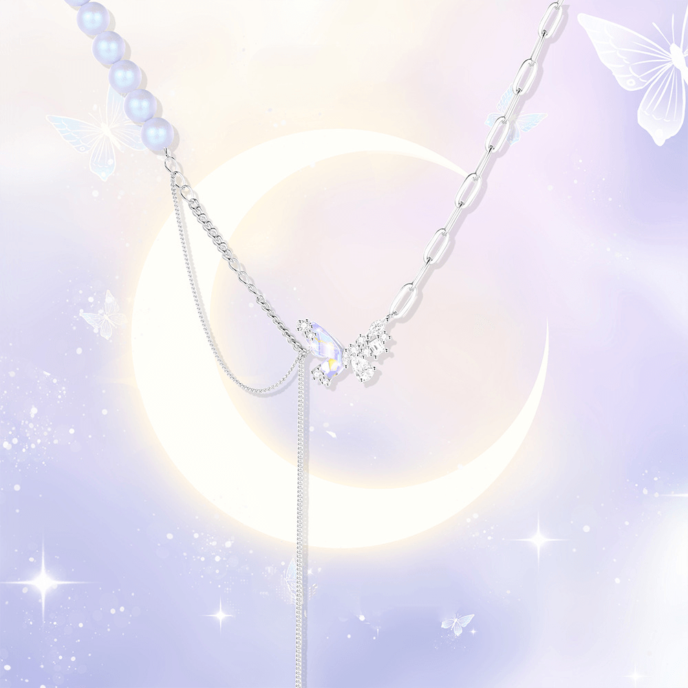 S925 Sterling Silver Pearl Stitching Aurora Butterfly Necklace Spice Girls Advanced Sense Clambone Chain-BlingRunway