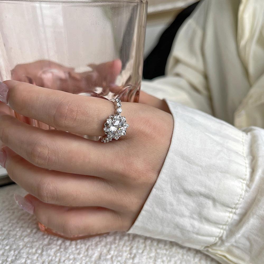 5A Zircon Snowflake Handmade Silver Ring-BlingRunway