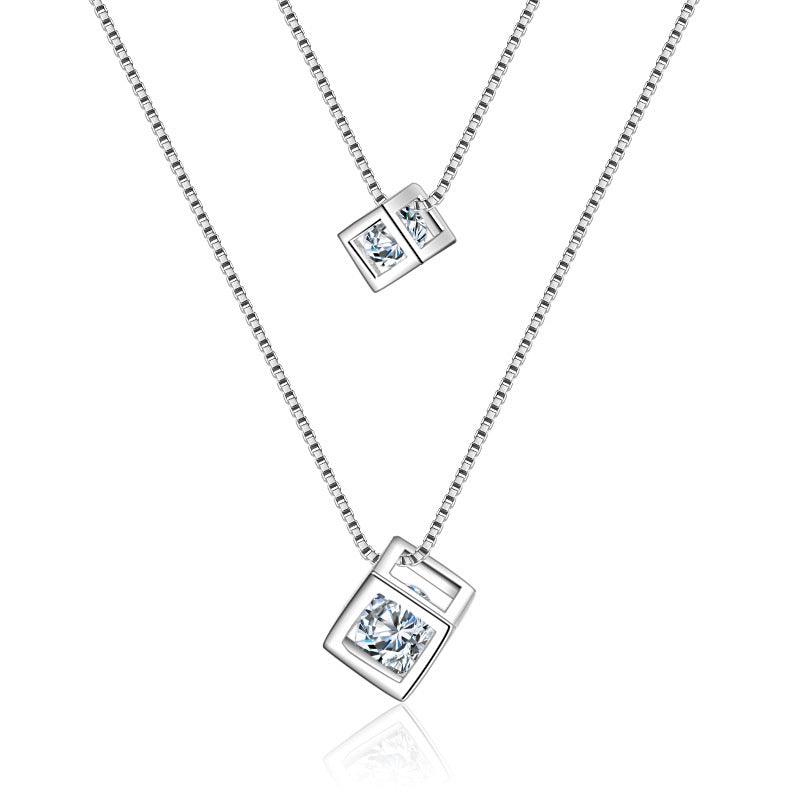 Bling Runway Love Cube Zircon Pendant Necklace Double Necklace Trend Necklace