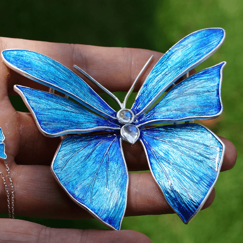 Fantasy Butterfly Moonstone Blue Enamel S999 Sterling Silver Necklace