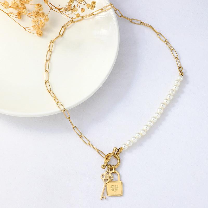 Classic Love Lock Half Pearl Half Chain Necklace