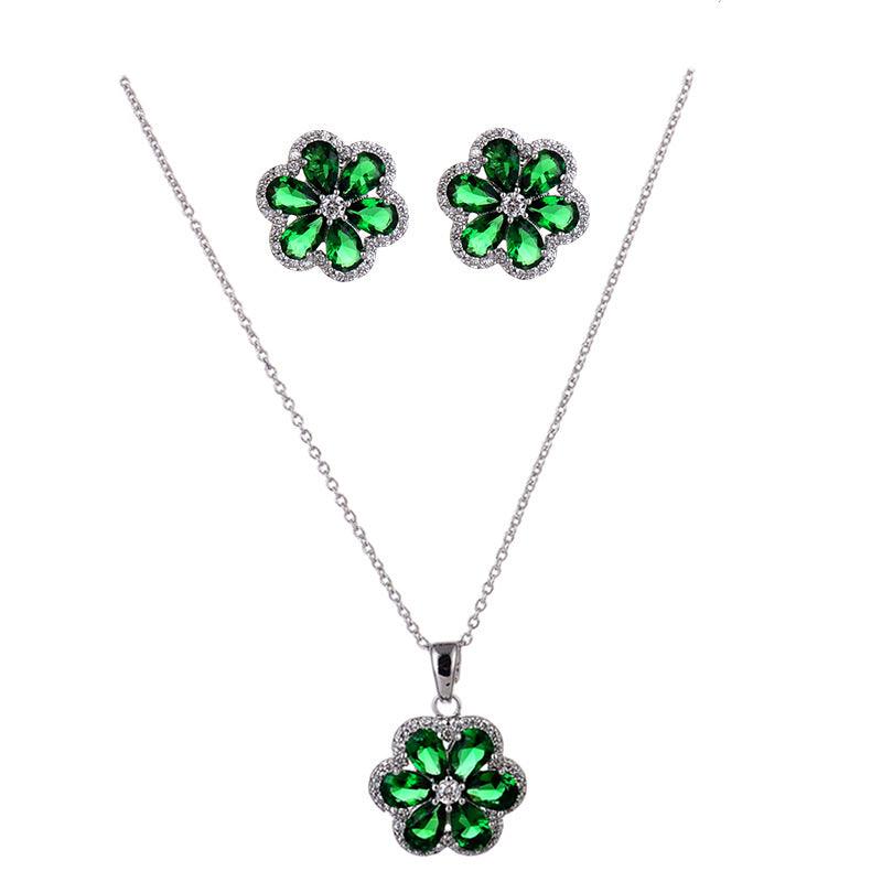 Bling Runway Emerald Zircon Flower Pendant Necklace Earrings Jewelry Set-BlingRunway