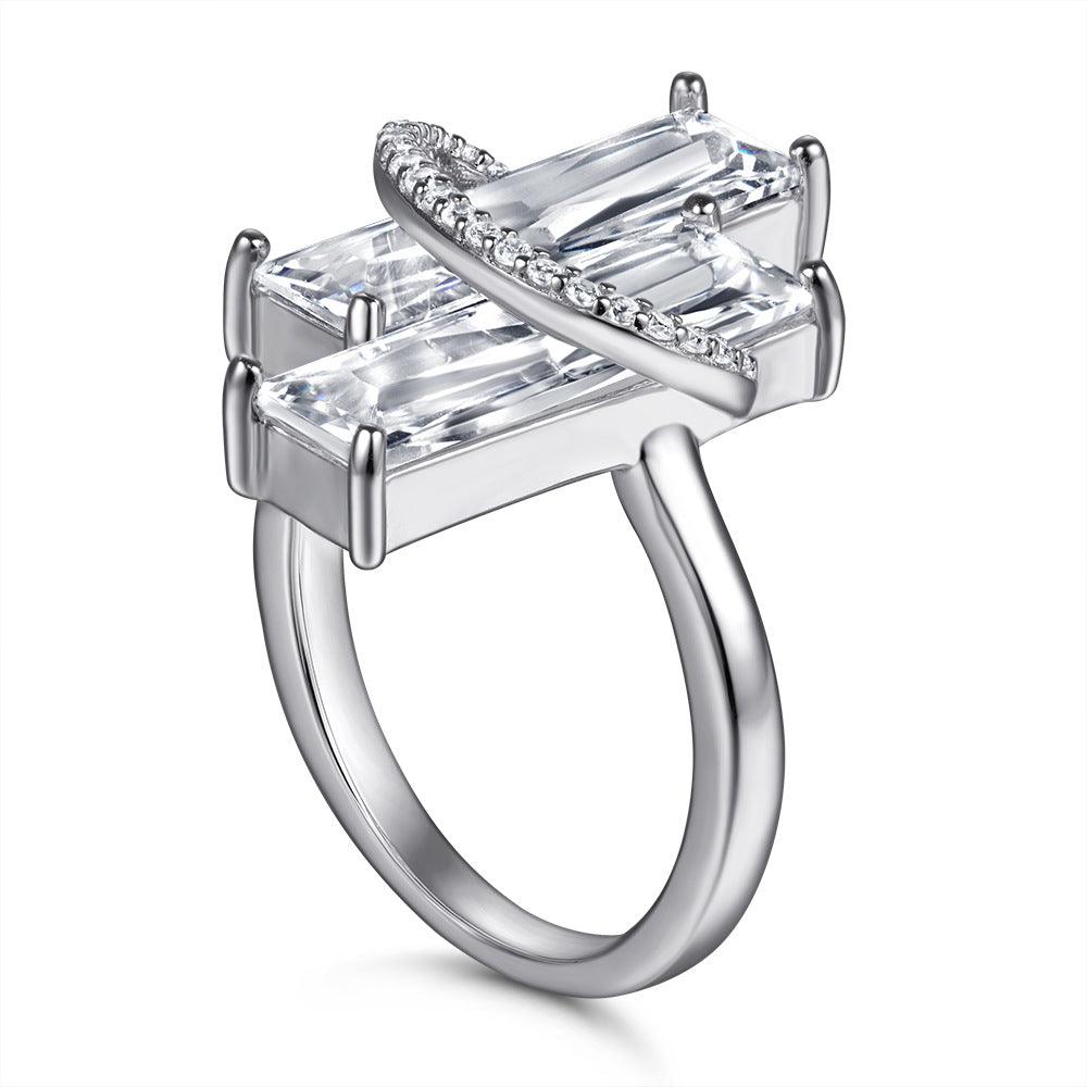 Bling Runway Double rectangular princess cut zircon handmade silver ring-BlingRunway