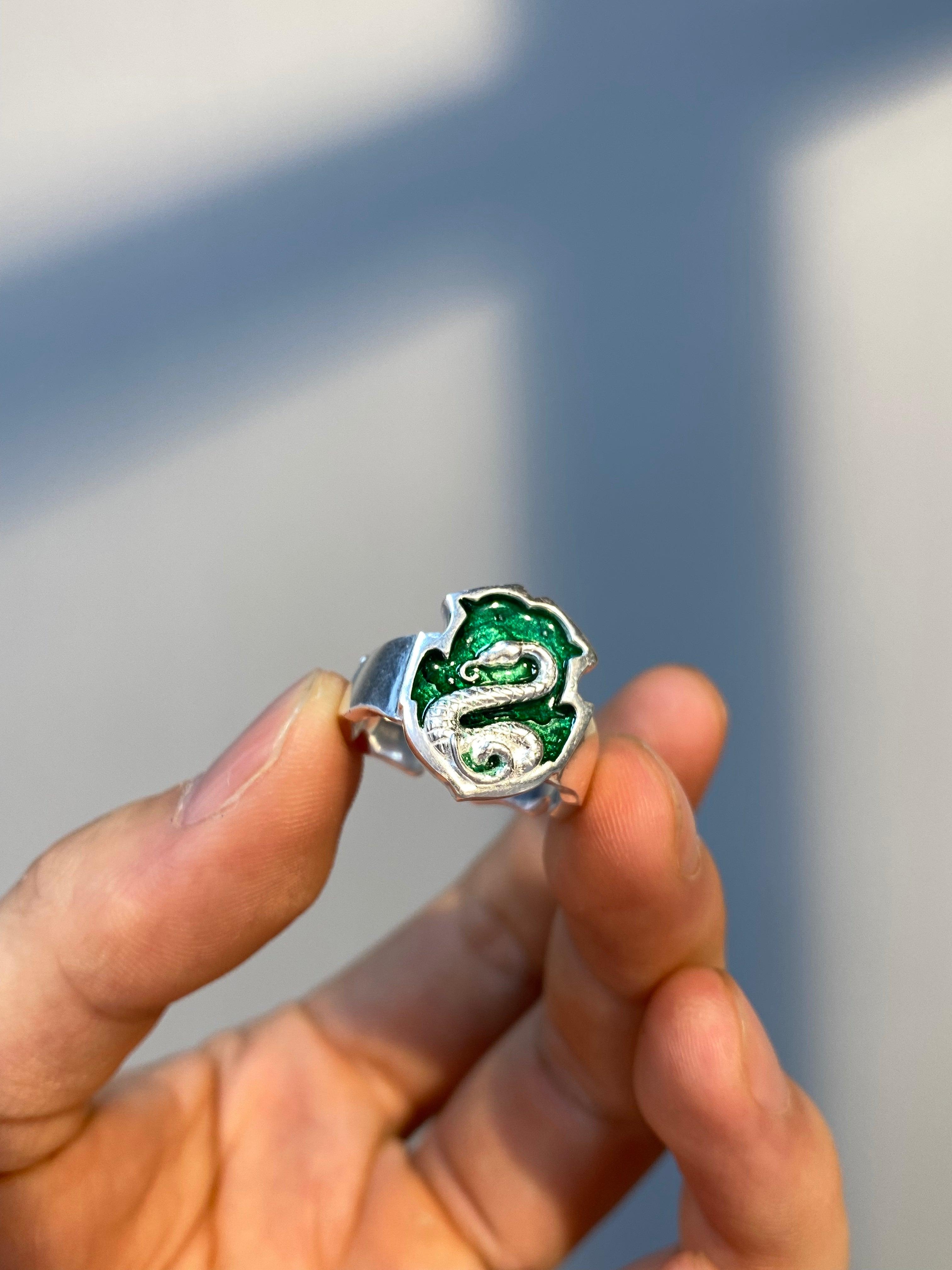 Slytherin Green Hot Enamel Handmade Seal 999 Sterling Silver Ring