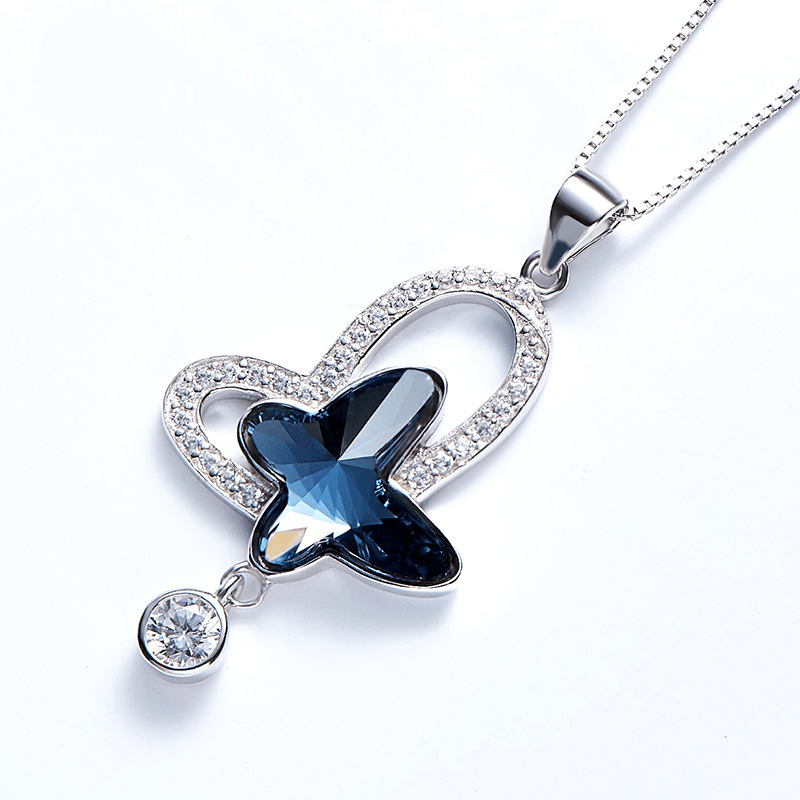 S925 Sterling Silver Austrian Crystal Element Blue Butterfly Necklace