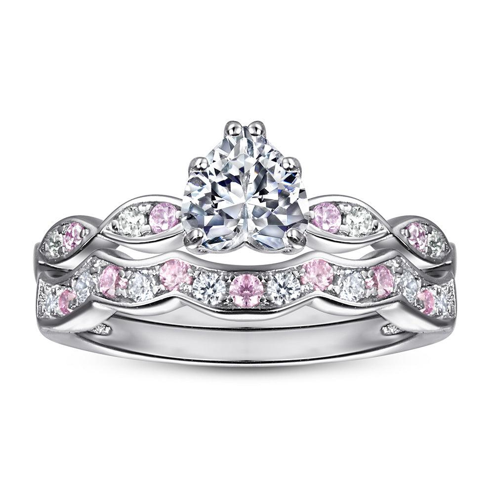 Bling Runway 925 sterling silver heart zircon with pink zircon handmade silver ring set-BlingRunway