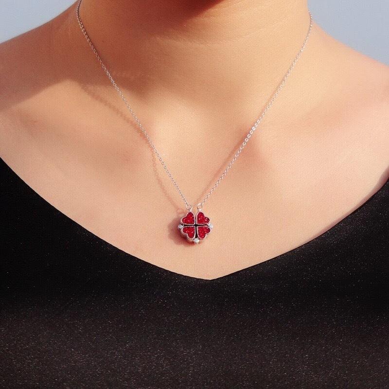 S925 Sterling Silver Silver Purple Red Clover Necklace