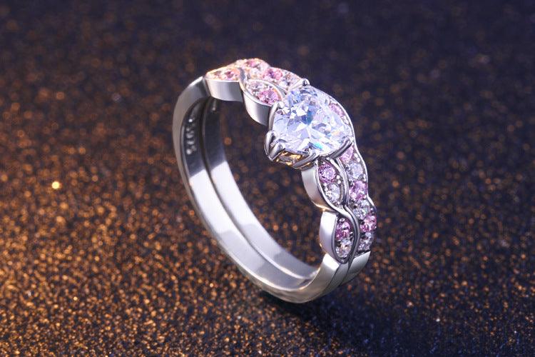 Bling Runway 925 sterling silver heart zircon with pink zircon handmade silver ring set-BlingRunway