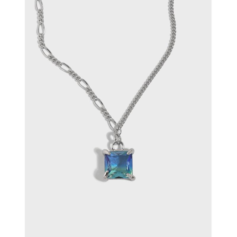 Blue Four Claw Square Pendant S925 Sterling Silver Necklace-BlingRunway